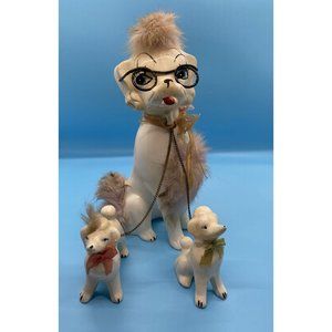 Vintage Ceramic Poodle w/ 2 Baby Poodles on a Chain West Pac Made in Japan